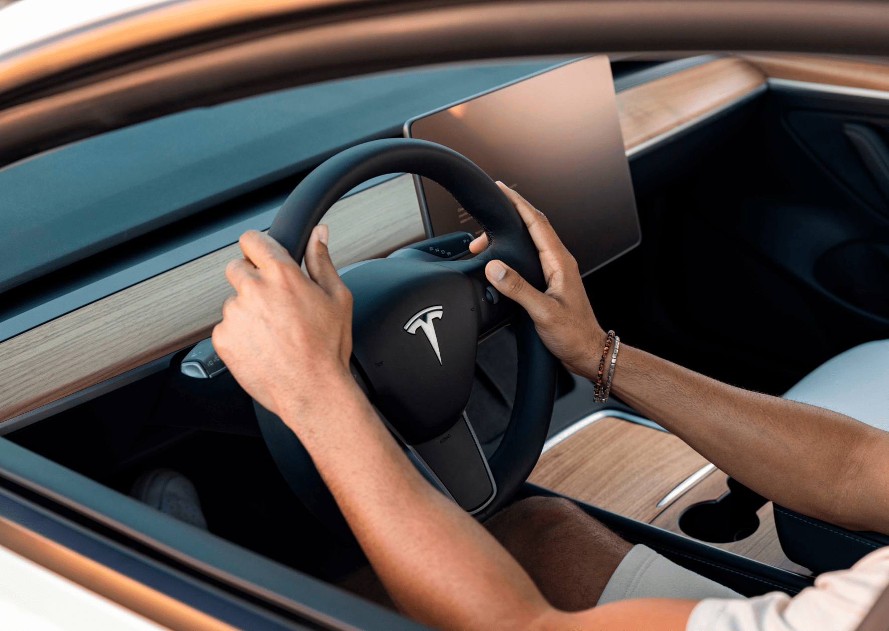 man driving a tesla with wood trim